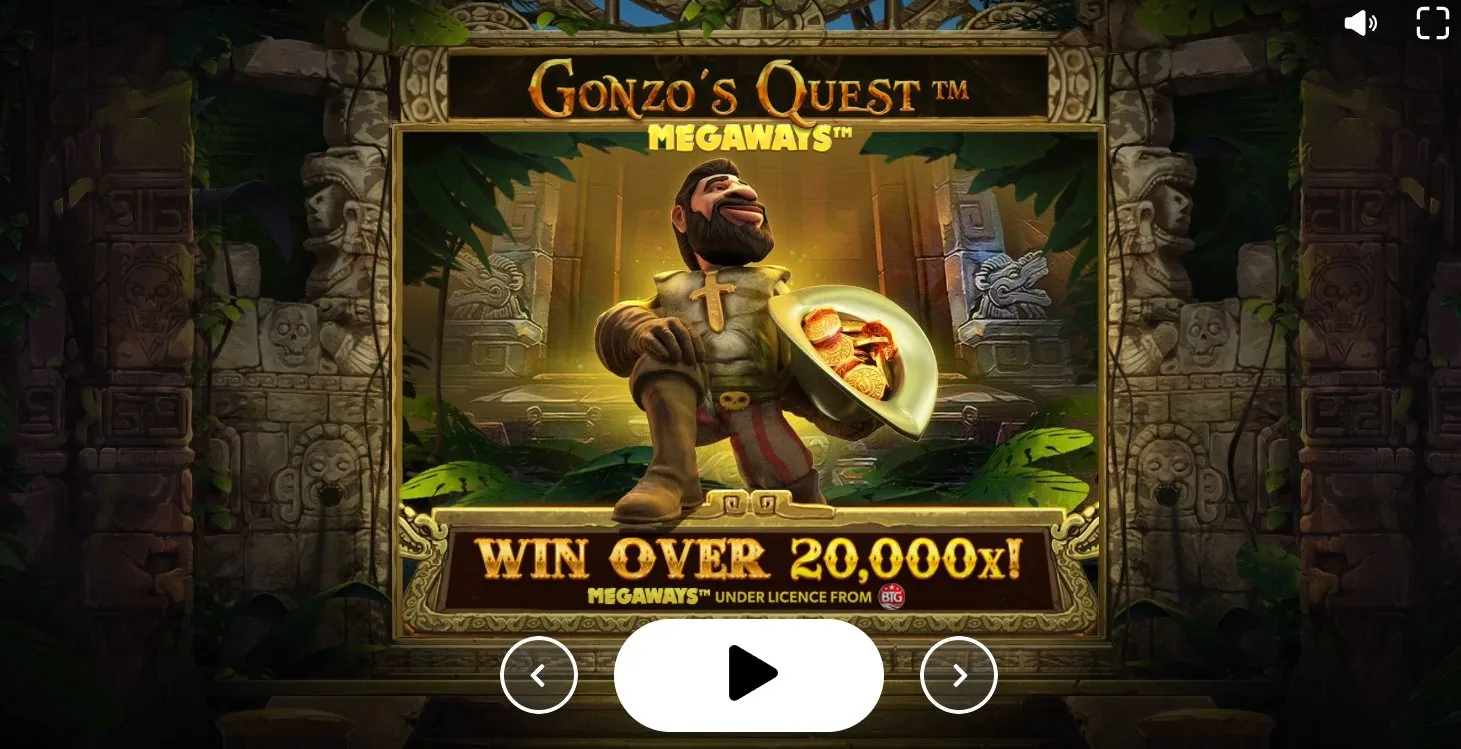 Gonzo's Quest Megaways splash screen — Gonzo holding gold coins, win up to 20,000x